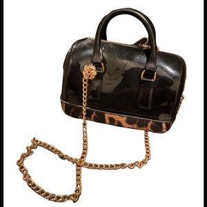 Mini Black Leopard Print Purse With Gold Chain